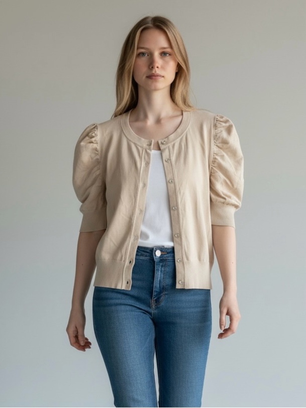 august silk Neutral Beige Knit Cardigan with Logo Tag